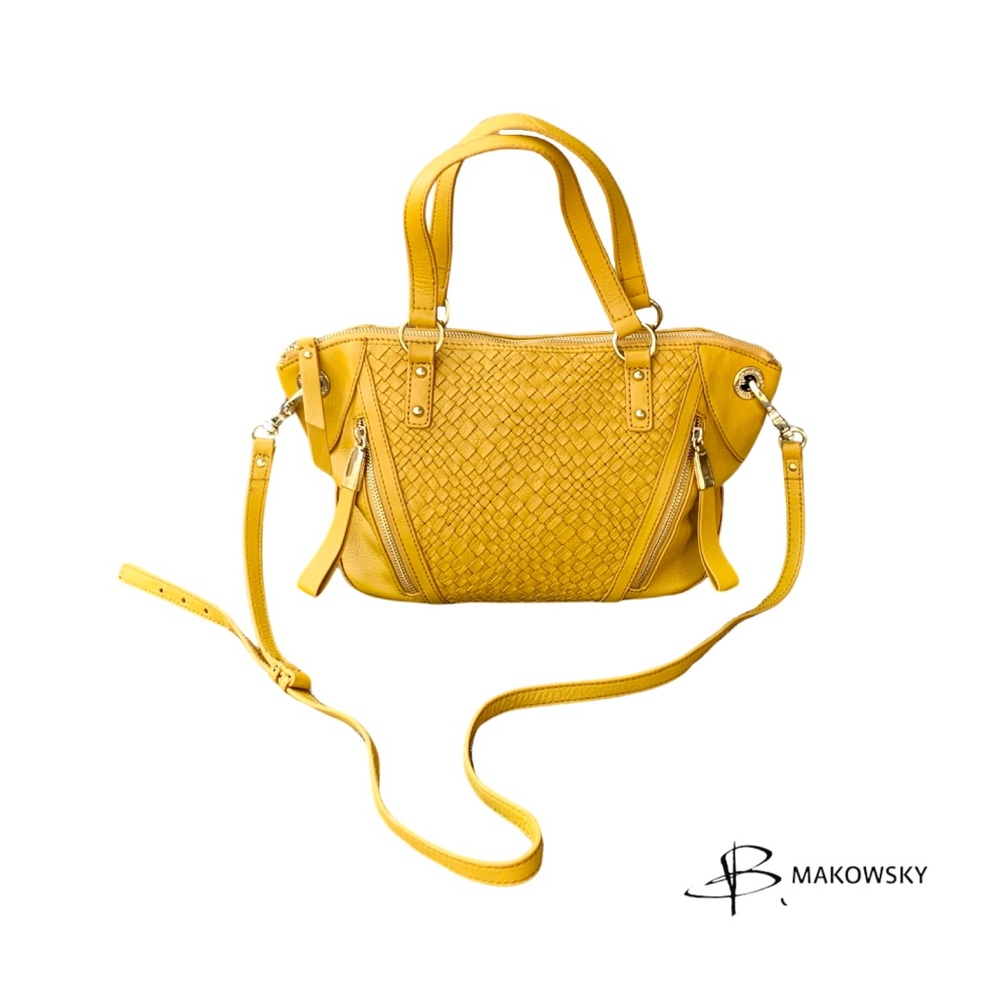 B. Makowsky Woven Front Leather Satchel Handbag, Yellow, Vintage - (1990's)
